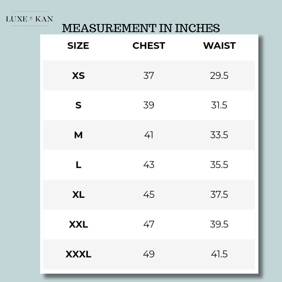 Size chart displaying measurements in inches for XS to XXXL, including chest and waist sizes.