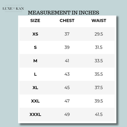 Size chart displaying measurements in inches for XS to XXXL, including chest and waist sizes.
