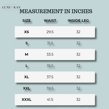 A size chart displaying waist and inside leg measurements in inches for XS, S, M, L, XL, XXL, and XXXL sizes.