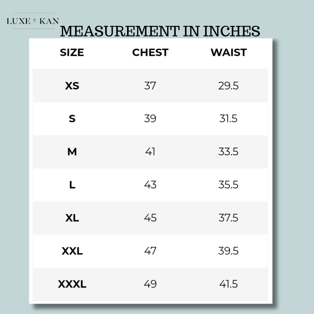 Size chart displaying chest and waist measurements in inches from XS to XXXL.