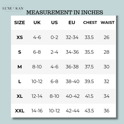 Size chart with UK, US, and EU measurements for XS to XXL, listing chest and waist sizes in inches.