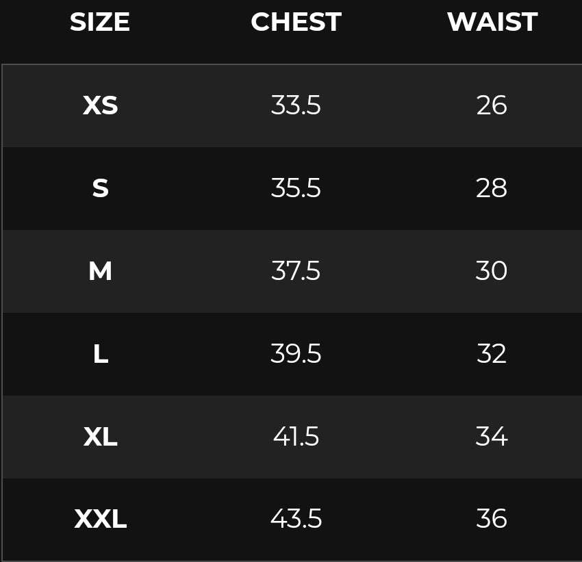Size chart displaying chest and waist measurements for XS to XXL in a clear, organized table format.