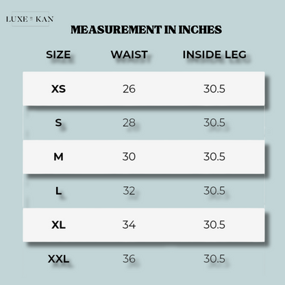 Size chart showing waist and inside leg measurements for various sizes from XS to XXL.