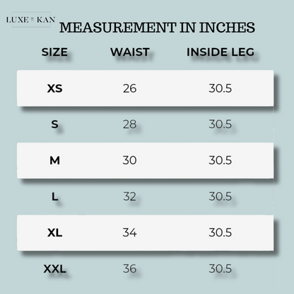 Size chart showing waist and inside leg measurements for various sizes from XS to XXL.