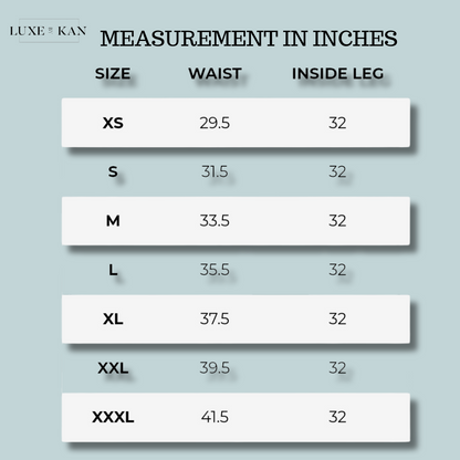 Size chart showing waist and inside leg measurements for various sizes from XS to XXXL.