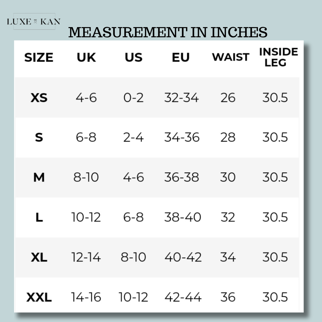 A size chart displaying measurements in inches for XS to XXL, including UK, US, EU, waist, and inside leg sizes.