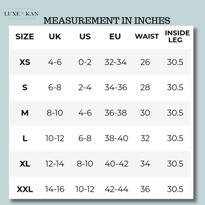 A size chart displaying measurements in inches for XS to XXL, including UK, US, EU, waist, and inside leg sizes.