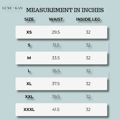 Size chart in inches, from extra small to triple extra large. Waist measurements range from 29.5 to 41.5 inches with an inside leg measurement of 32 inches for all sizes.