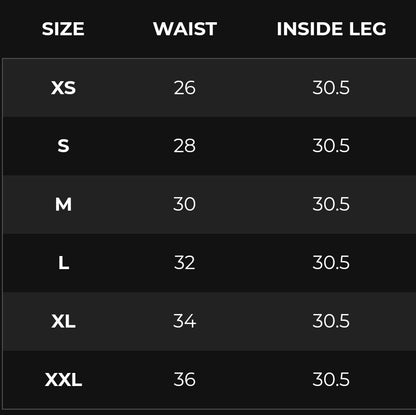 Size chart showing waist and inside leg measurements for XS to XXL.