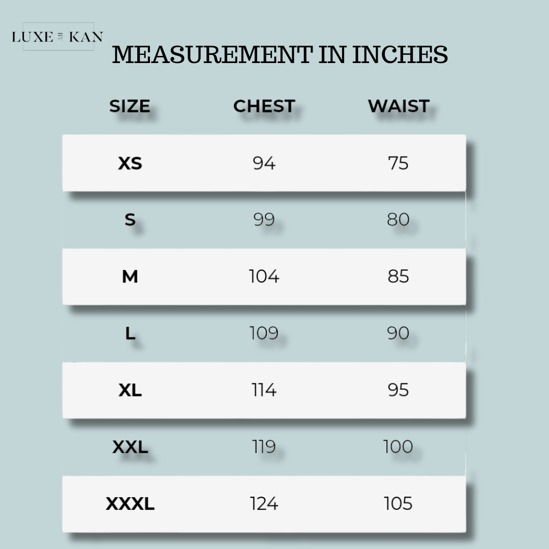 Size chart showing chest and waist measurements in inches from XS to XXXL.