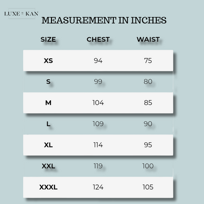 Size chart showing chest and waist measurements in inches from XS to XXXL.