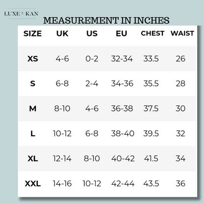 Size chart displaying clothing measurements in inches for XS to XXL, including UK, US, EU sizes, chest, and waist measurements.