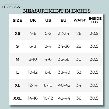 Size chart for clothing measurements in inches, listing XS to XXL with UK, US, EU sizes, waist, and inside leg measurements.