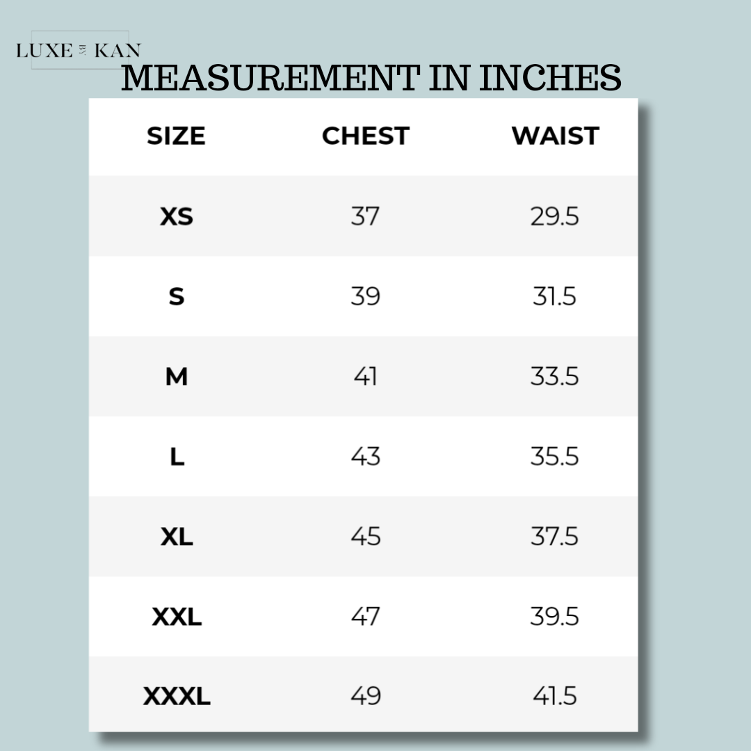 Size chart showing measurements in inches for chest and waist from XS to XXXL.