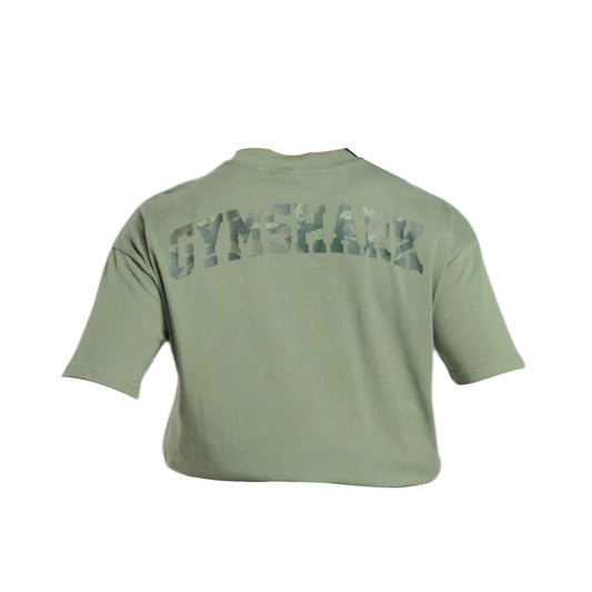Olive green Gymshark t-shirt featuring a camouflage logo on the back, displayed from a rear view.