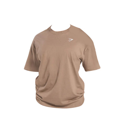 Light brown short-sleeve t-shirt featuring a small logo on the left chest area, designed for casual or athletic wear.