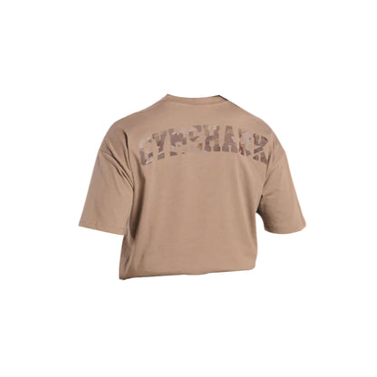 Beige unisex t-shirt with "GYMSHARK" printed in a subtle camo design across the back. Short sleeves and a relaxed fit.