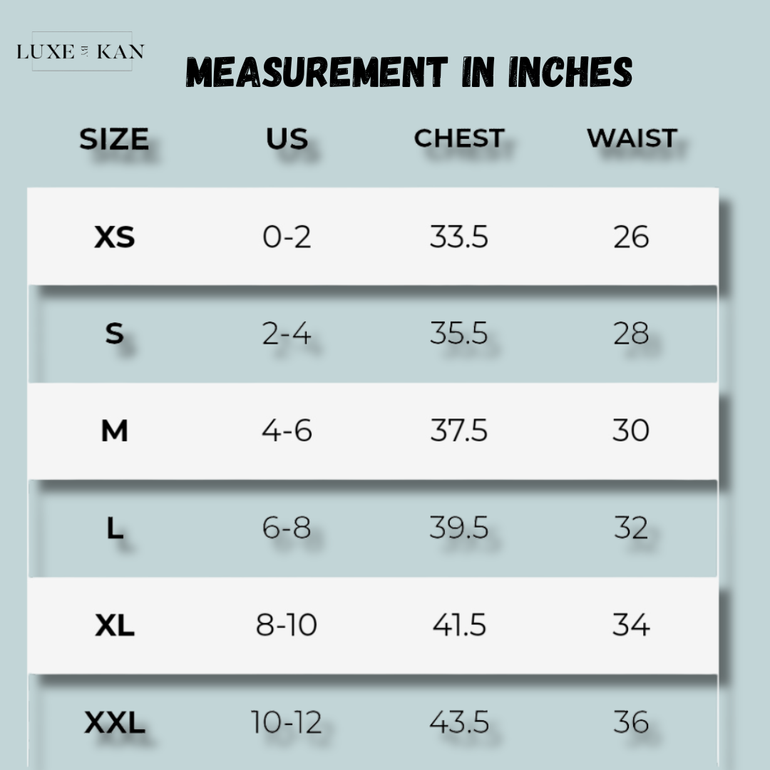 Gymshark size chart displaying US sizes and corresponding chest and waist measurements in inches from XS to XXL.