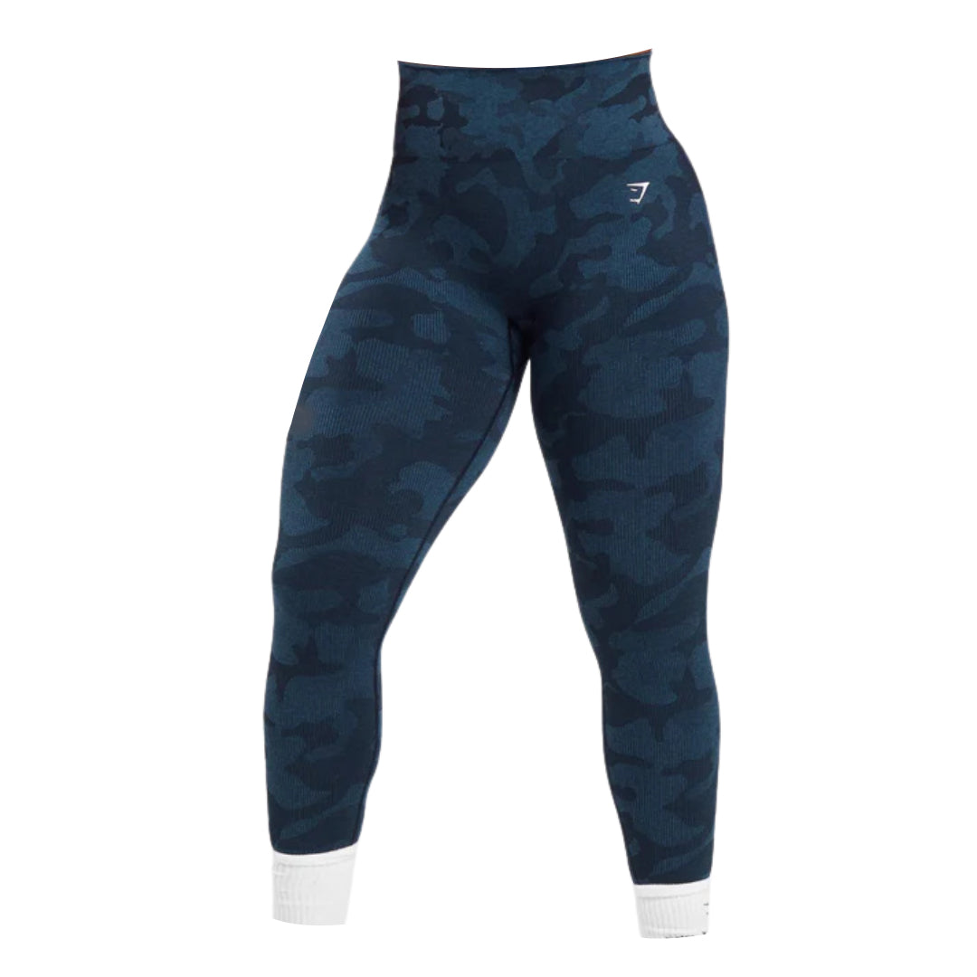 Gymshark high-waisted navy blue adapt camo seamless ribbed leggings with a fitted silhouette and white ankle cuffs, designed for comfort and style.
