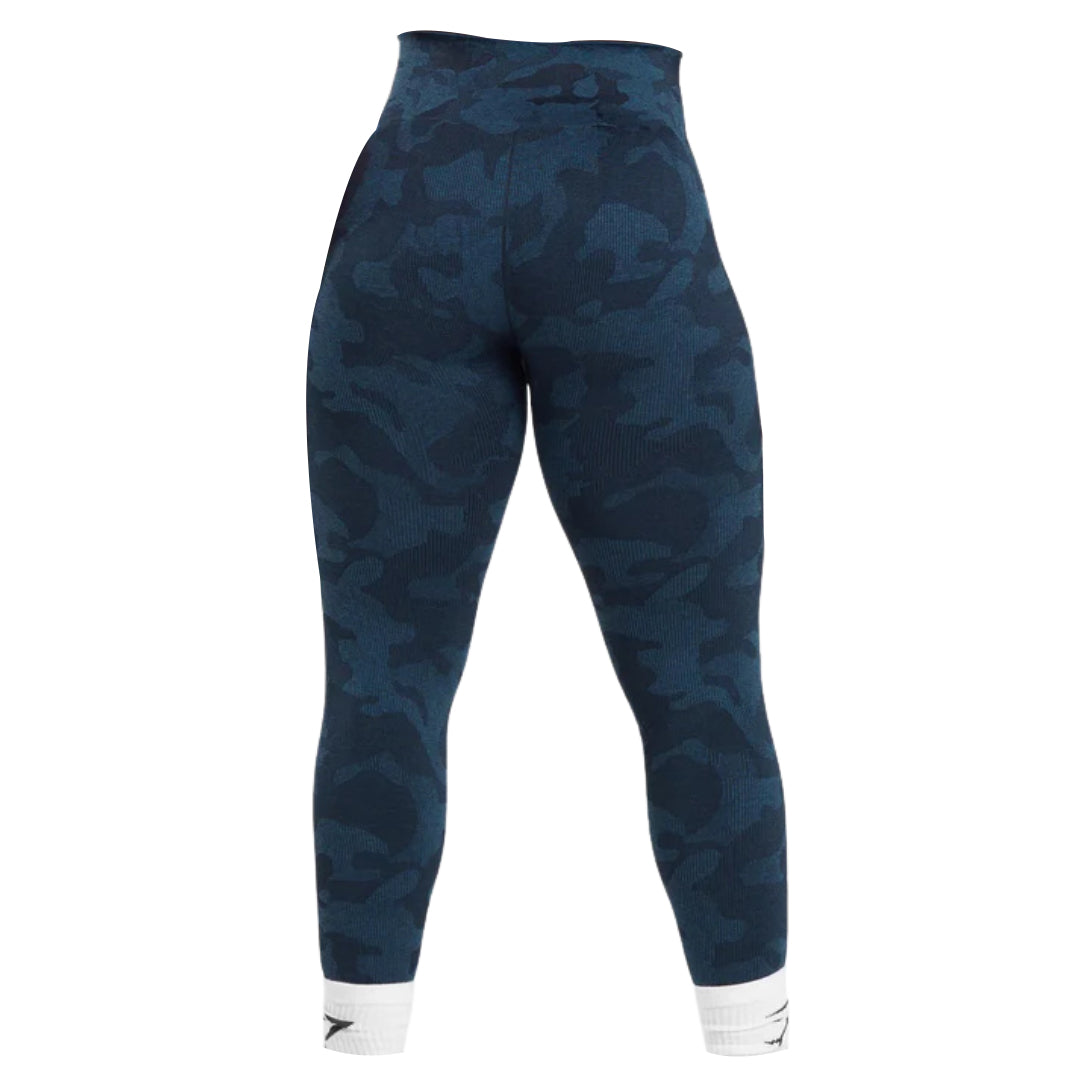 Gymshark high-waisted navy blue camo leggings with a ribbed texture, featuring a branded white cuff at the ankle.