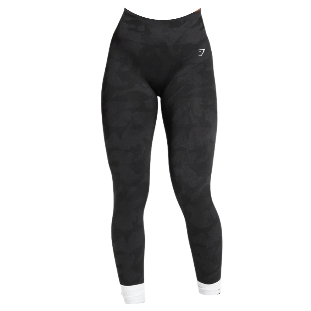 Gymshark black camo leggings with a fitted design and subtle logo, ideal for workouts and athleisure wear.