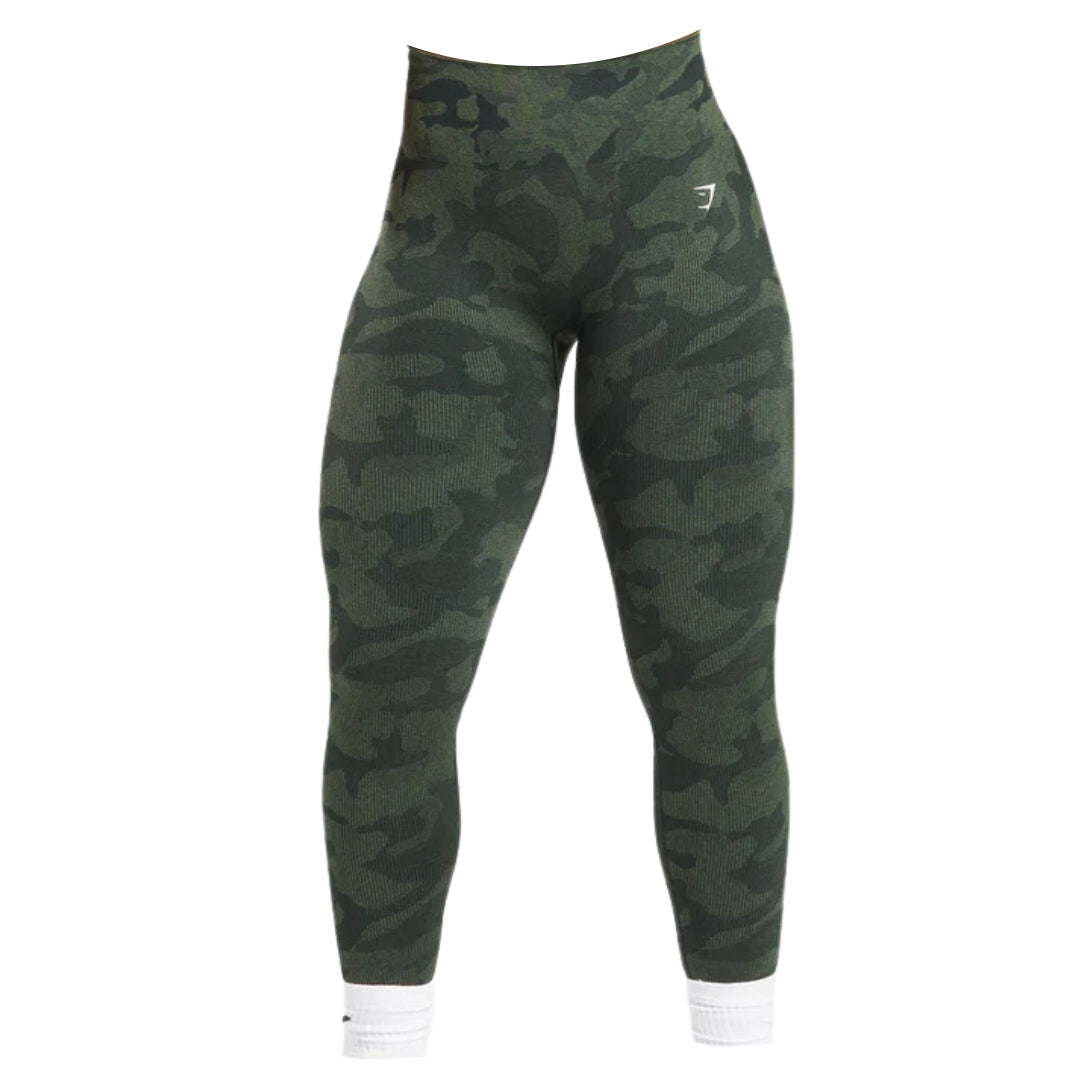 Adapt camo seamless ribbed leggings with stretch fabric and a white logo at the waist, ideal for workouts and active wear.