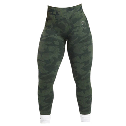 Adapt camo seamless ribbed leggings with stretch fabric and a white logo at the waist, ideal for workouts and active wear.
