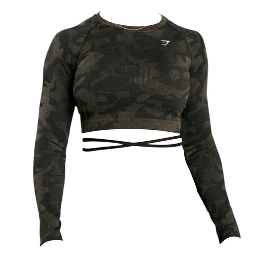 Gymshark Adapt Camo Seamless Ribbed Long Sleeve Crop Top in blue, featuring a textured camo pattern, thumbholes, and snug fit.