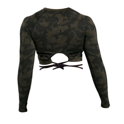 Back view of a Gymshark Adapt Camo Seamless Ribbed Long Sleeve Crop Top with a tied waist design, showcasing its stylish cut and unique pattern.