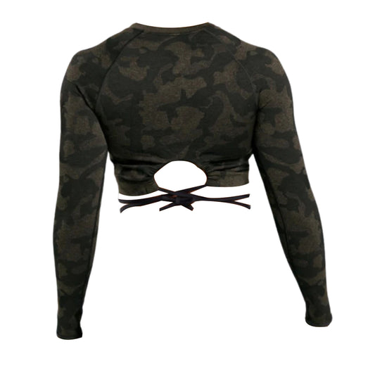 Back view of a Gymshark Adapt Camo Seamless Ribbed Long Sleeve Crop Top with a tied waist design, showcasing its stylish cut and unique pattern.