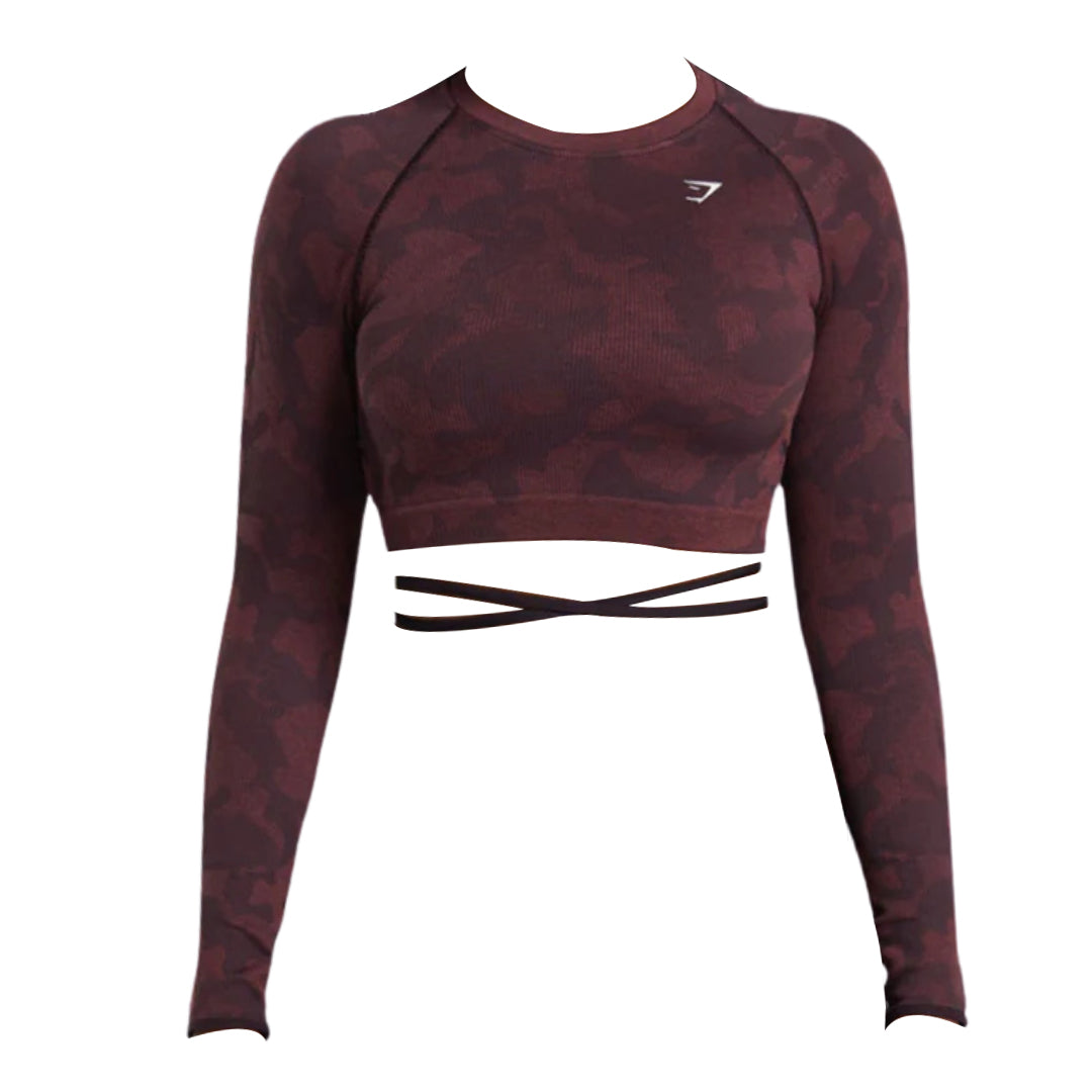 Maroon camouflage long-sleeve crop top with a round neckline and stylish cross-back straps.