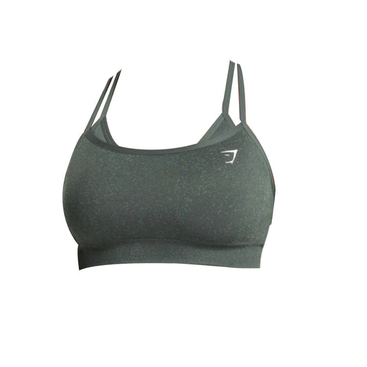 Gray Gymshark Adapt Fleck Seamless Sports Bra with thin straps and a white logo.