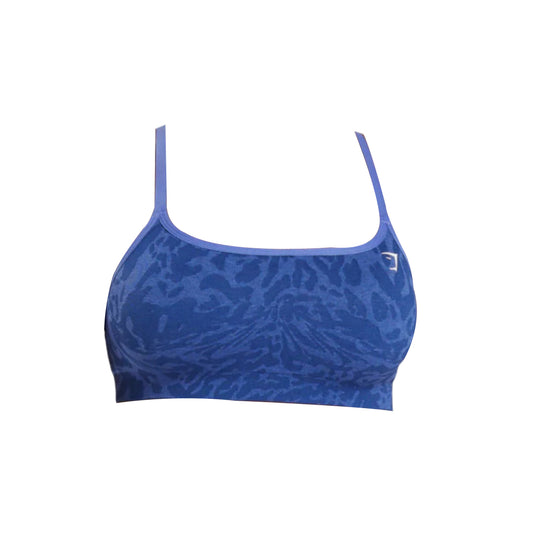 Blue Gymshark Adapt Safari Seamless Sports Bra featuring a subtle textured pattern and thin straps.