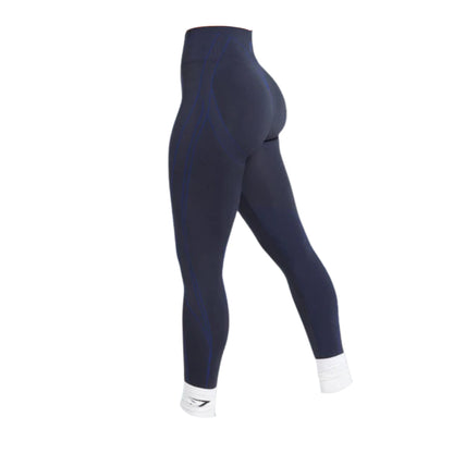 Gymshark Apex Contrast leggings featuring blue stitching and ankle cuffs, designed for comfort and athletic performance.