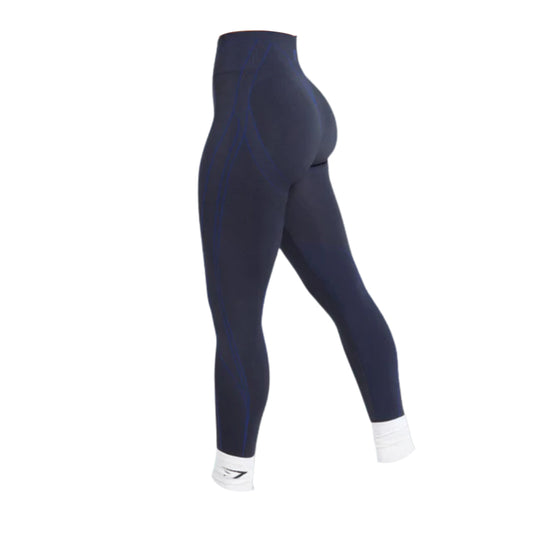 Gymshark Apex Contrast leggings featuring blue stitching and ankle cuffs, designed for comfort and athletic performance.