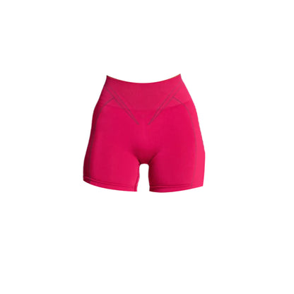 Bright pink high-waisted athletic shorts with a fitted design and stylish seam detailing. Perfect for workouts or casual wear.