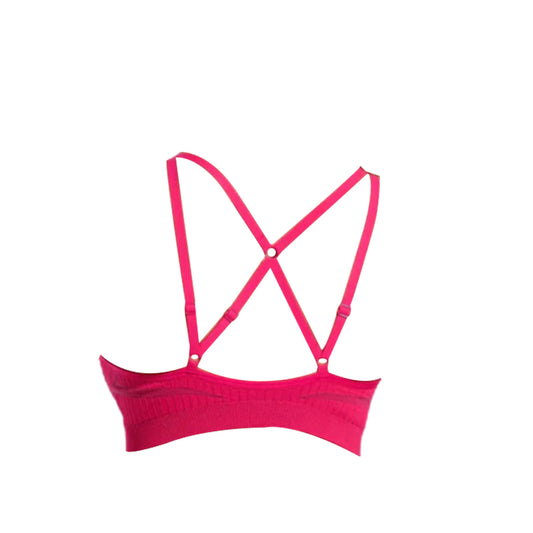 Bright pink bralette featuring stylish crisscross back straps and soft ribbed fabric, ideal for comfort and casual wear.