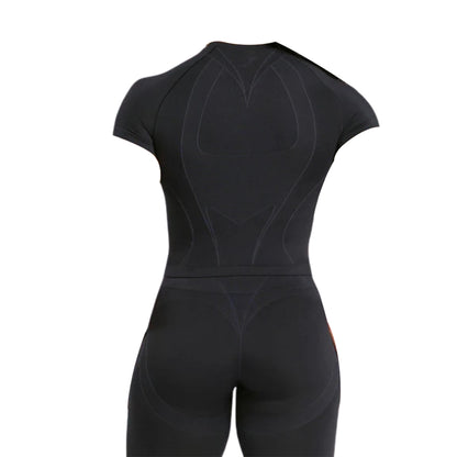 A black fitted athletic suit with short sleeves, showcasing a sleek design and form-fitting silhouette from the back.