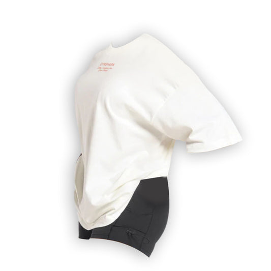 A side view of a British Iron Heavyweight white T-shirt with short sleeves and a small red logo, paired with black shorts.