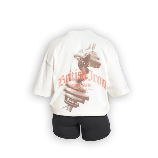 A white oversized gym shirt featuring a graphic of a dumbbell and the text "British Iron" in bold lettering on the back.