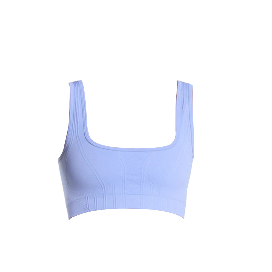 Light blue, square-neck cropped bra with thick shoulder straps and textured detailing. Perfect for comfortable, stylish support.