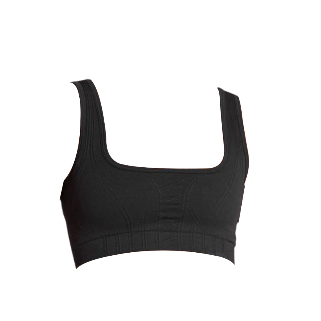 Black square-neck cropped bra with thick straps, featuring a textured design for comfortable support and style.