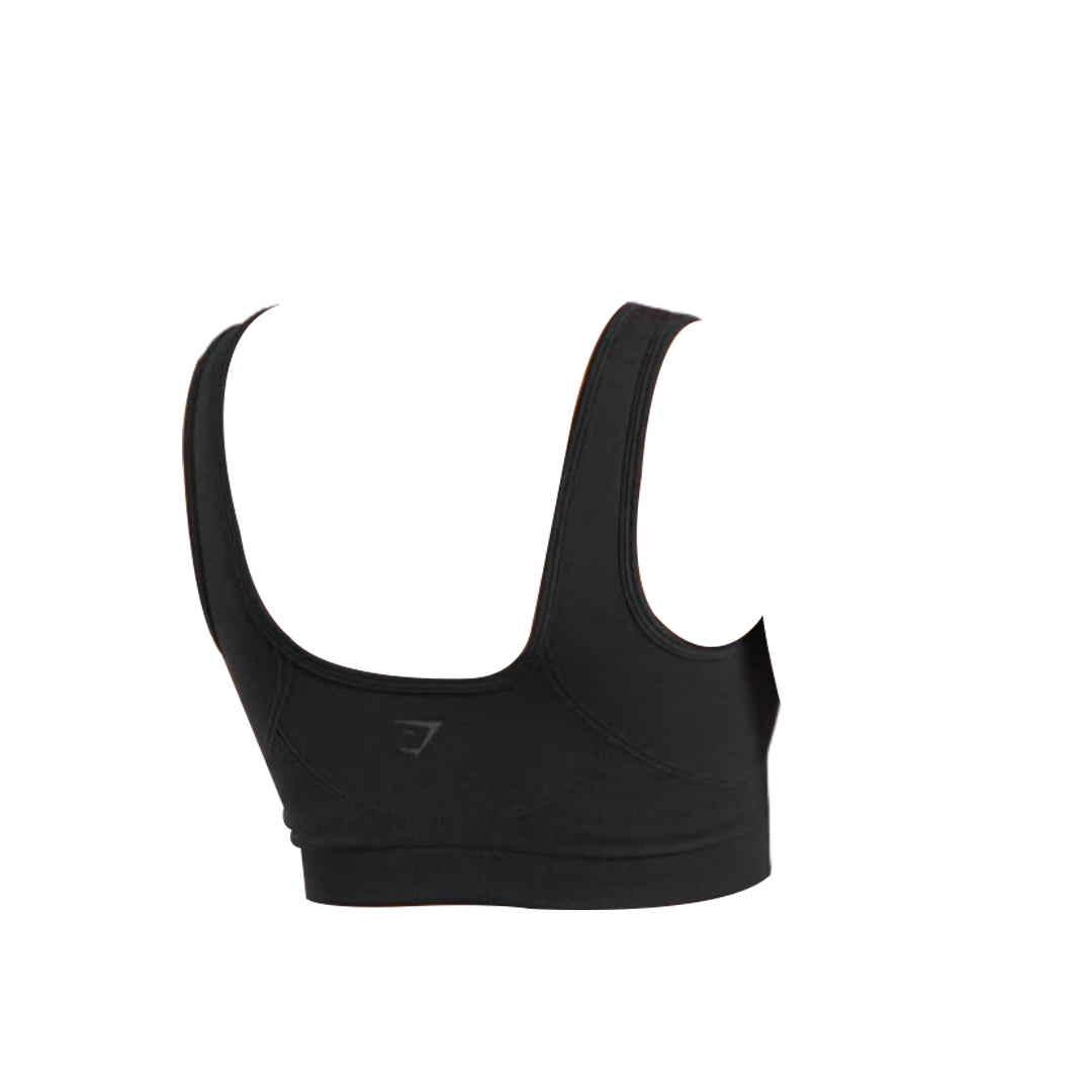Black sports bra featuring wide straps and a fitted design, showcasing the back view with subtle logo detailing.