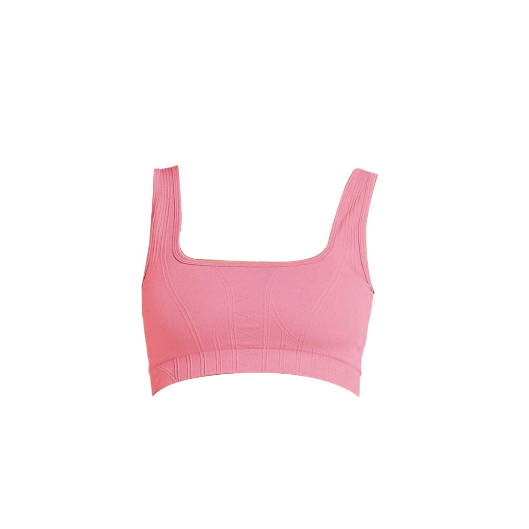 A fitted pink cropped tank top with a square neckline and textured detailing along the sides and bottom.