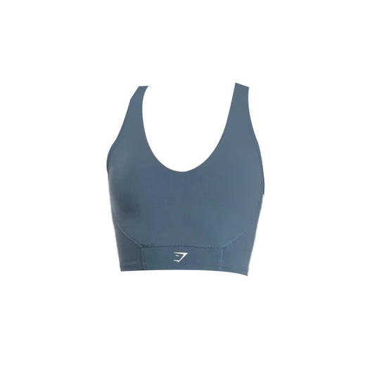 Blue Gymshark Crop Mesh Tank Sports Bra featuring a white logo on the waistband.