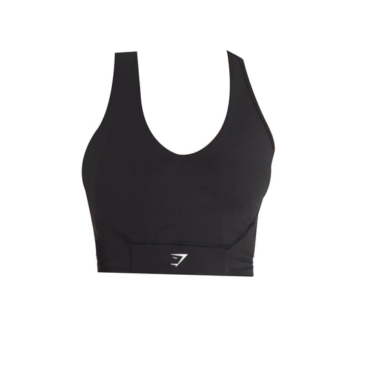 Black crop mesh tank bra with white logo on waistband.