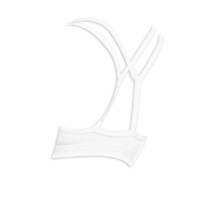 White sports bra with crisscross straps, showcasing a sleek, minimalist design perfect for activewear and comfort.