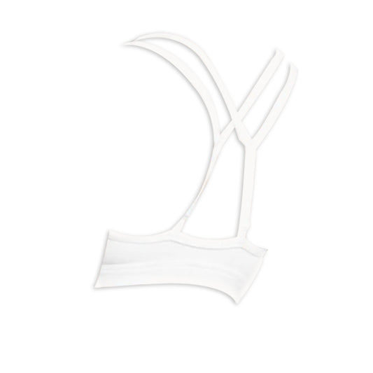 White sports bra with crisscross straps, showcasing a sleek, minimalist design perfect for activewear and comfort.