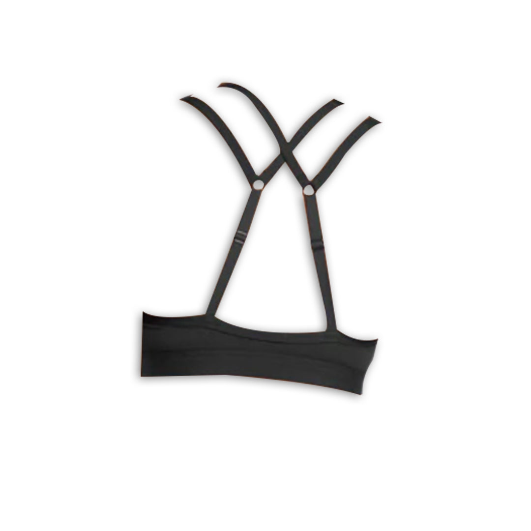 Black bralette featuring unique crisscross strap design and a sleek, modern silhouette. Ideal for comfort and style.