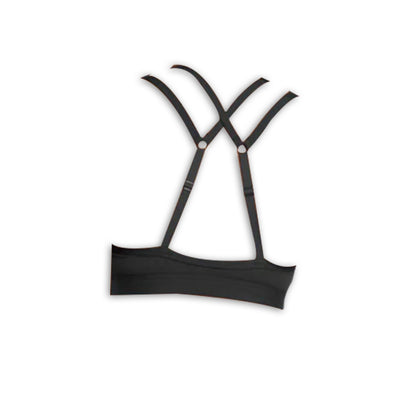 Black bralette featuring unique crisscross strap design and a sleek, modern silhouette. Ideal for comfort and style.